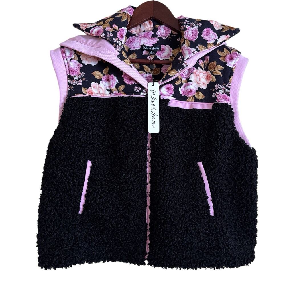 For Love And Lemons Faux Shearling Floral Pink Black Vest Medium NWT
